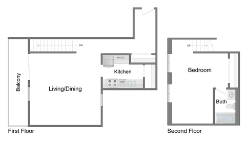 Floor plan for 1 bed, 1 bath, 845 sqft